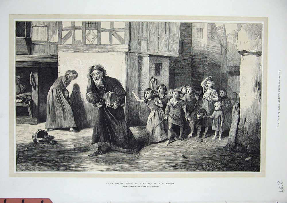 Original Old Antique Print 1872 Roberts Art Adam Warner Hooted Wizard Children