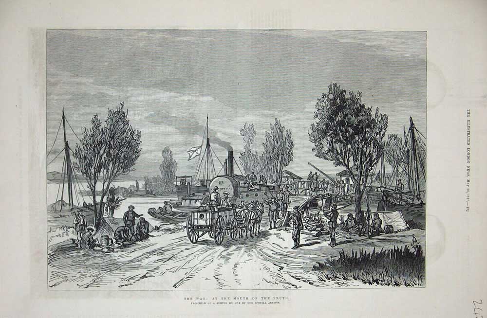 Original Old Antique Print 1877 War Mouth River Pruth Boats Horse Cart Trees
