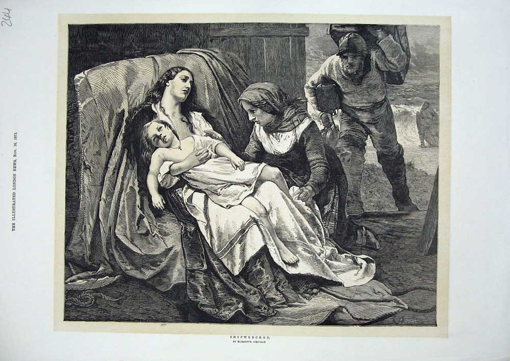 Original Old Antique Print 1872 Jerichau Fine Art Shipwrecked People Sea Storm