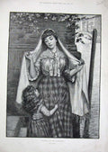 Original Old Antique Print Lady Little Girl Gondolier River Boats Canal 1891