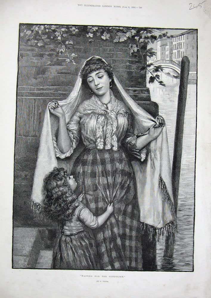Original Old Antique Print Lady Little Girl Gondolier River Boats Canal 1891