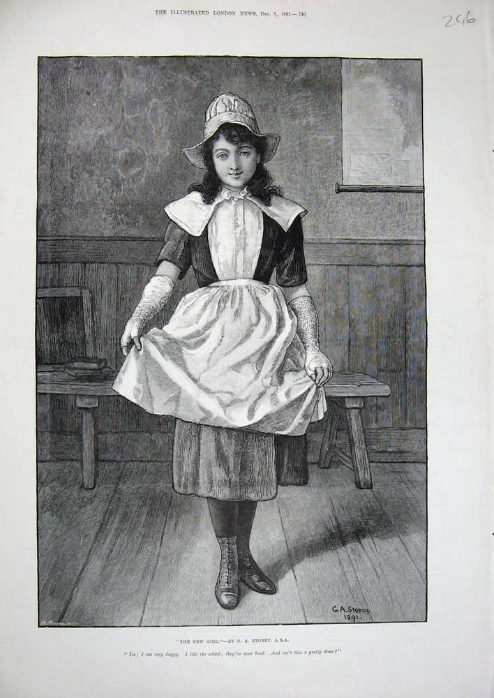Original Old Antique Print 1891 Storey Fine Art Young Girl School Room Dress