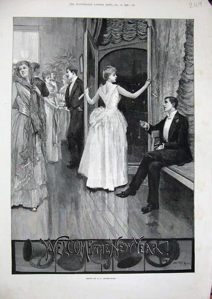 Old Antique Print 1888 Jacomb-Hood Art New Year Party Romance Men Women 19th