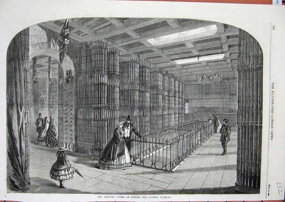 Old Antique Print 1863 New Armoury Tower London Council Chamber Fine Art 19th