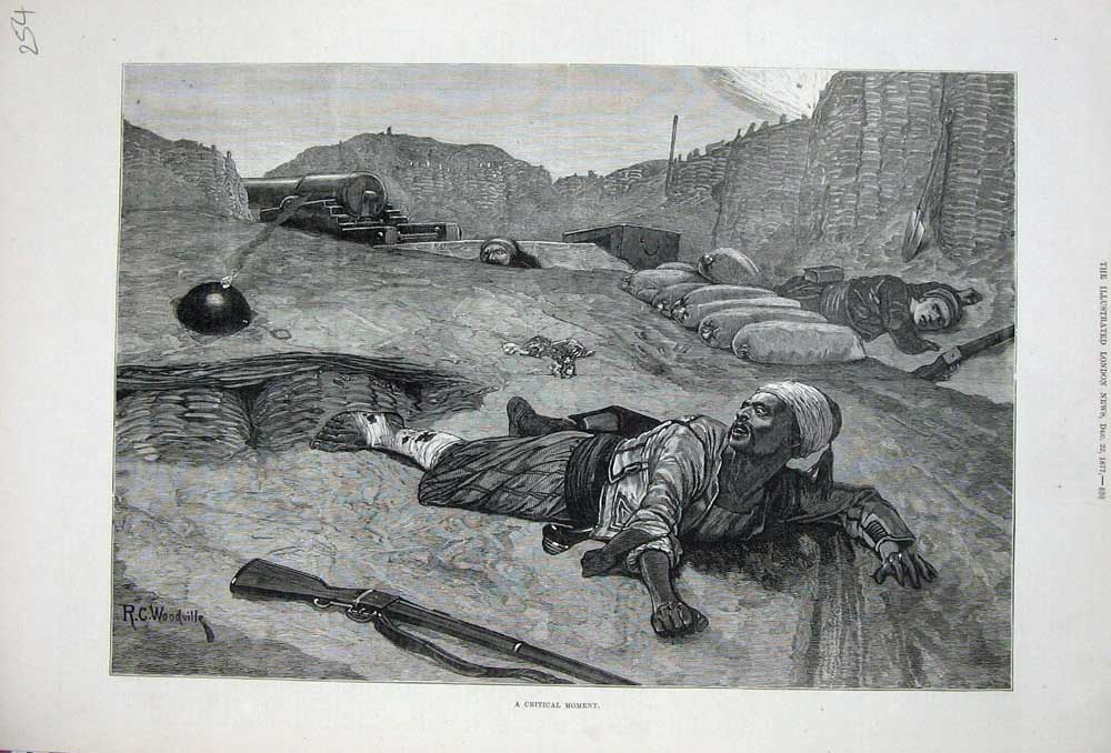 Old Antique Print 1877 Woodville Fine Art War Injured Men Bomb Canon Gun 19th