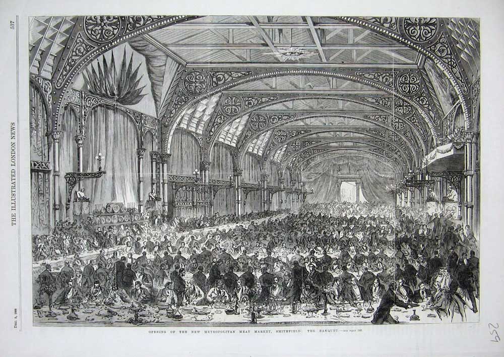 Original Old Antique Print Metropolitan Meat Market Smithfield 1868 Banquet