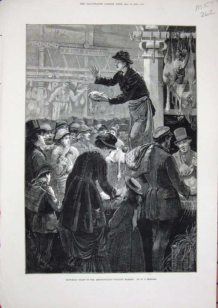 Original Old Antique Print 1878 Metropolitan Poultry Market Birds Sale Fine Art