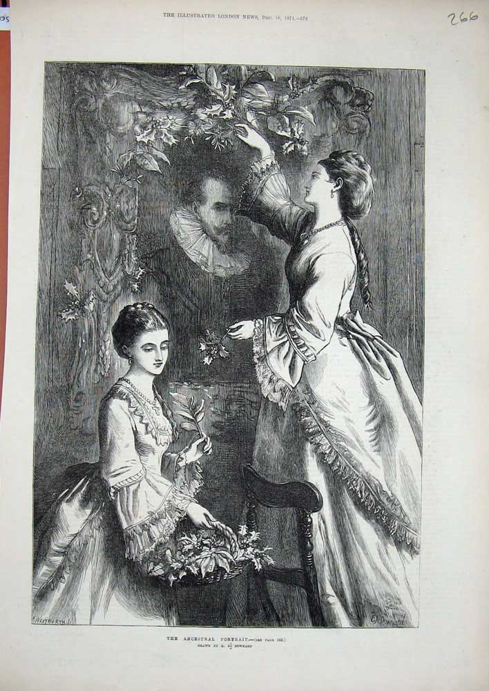 Original Old Antique Print 1871 Ancestral Portrait Man Christmas Holly Downard