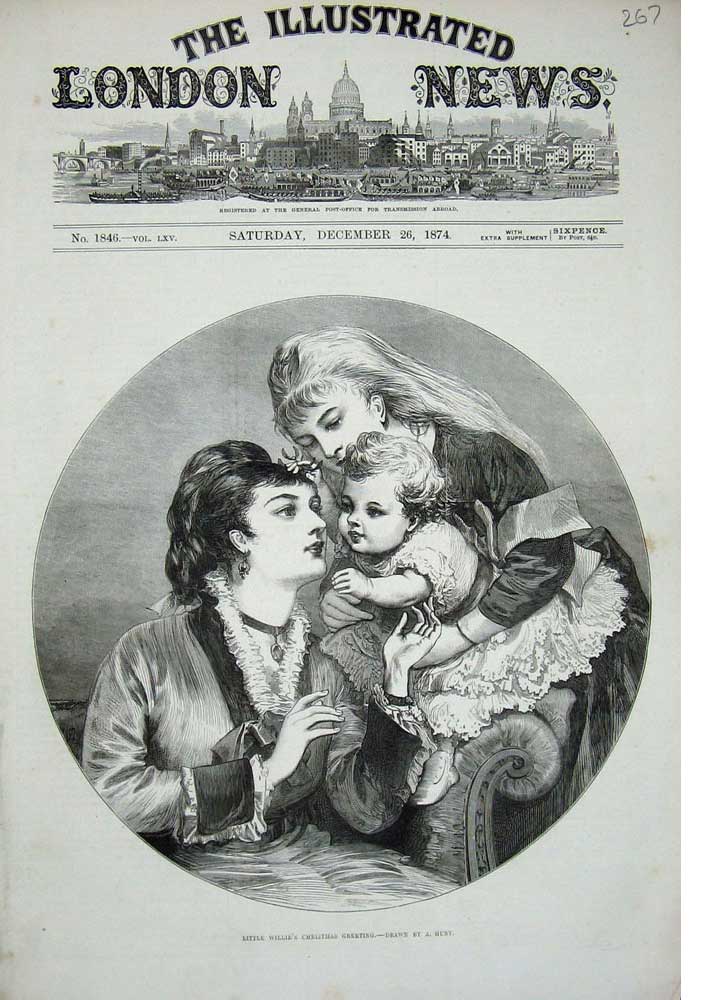 Old Antique Print 1874 Little Willie Christmas Greeting Children Mother 19th