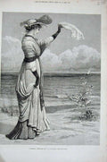 Original Old Antique Print 1880 Woman Waving Scarf Ship Yacht Beach Sea 19th