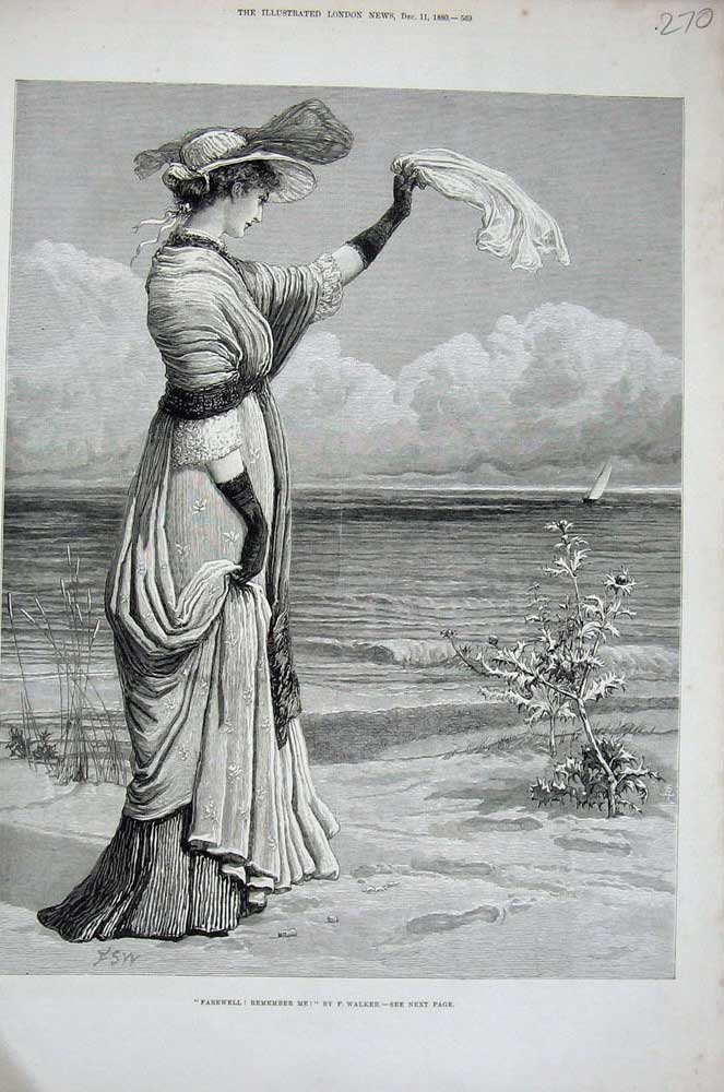 Original Old Antique Print 1880 Woman Waving Scarf Ship Yacht Beach Sea 19th