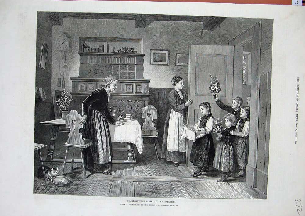 Original Old Antique Print 1873 Grandmothers Birthday Children Flowers Salentin