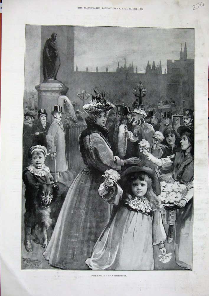 Old Antique Print 1896 Primrose Flowers Day Westminster London Children 19th
