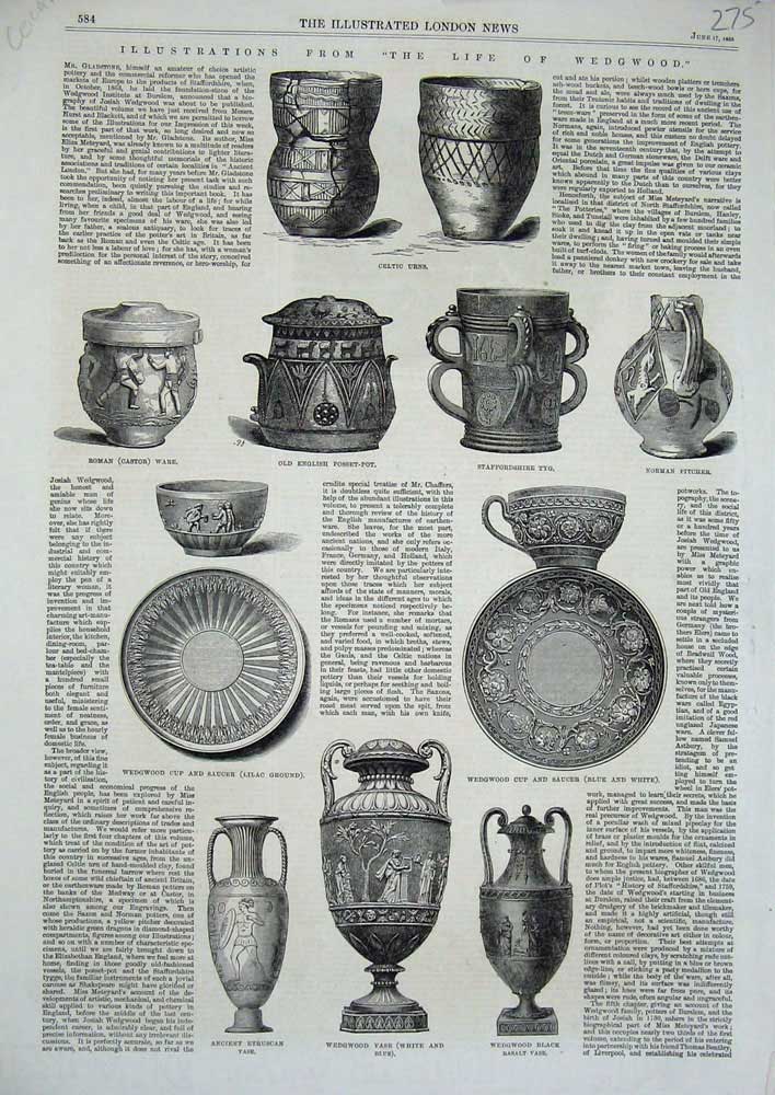 Original Old Antique Print 1865 Wedgwood Celtic Urns Vase Posset-Pot Ceramics