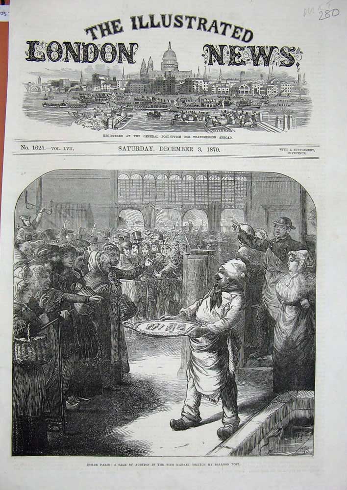 Original Old Antique Print 1870 Paris Sale Auction Fish Market Men France 19th
