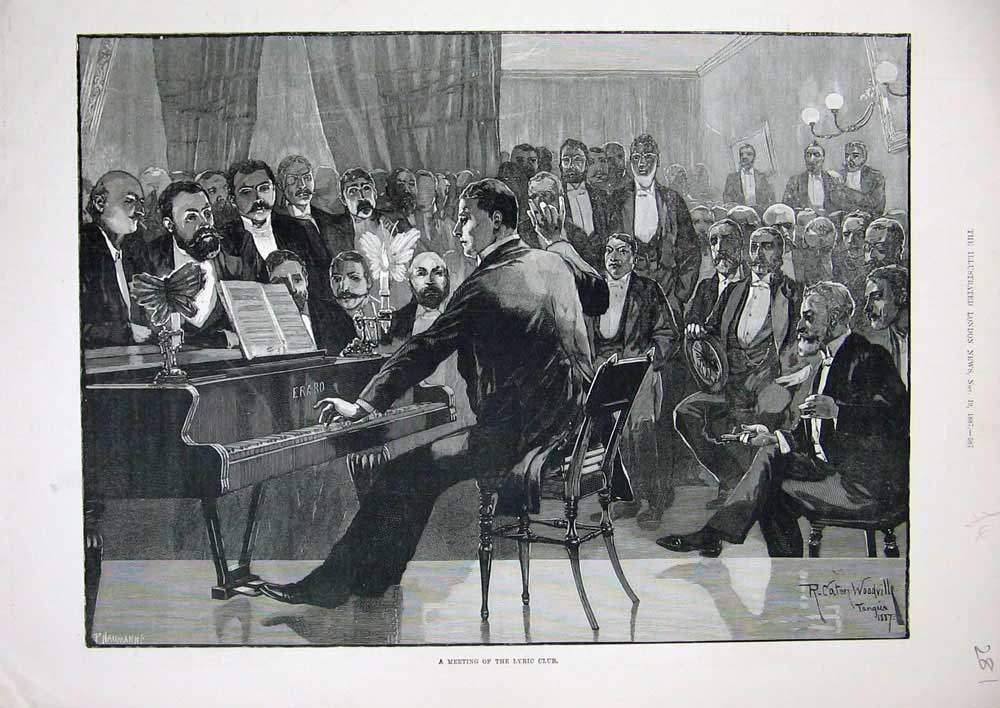 Old Antique Print 1887 Men Meeting Lyric Club Music Piano Woodville Art 19th
