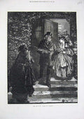 Old Antique Print House Party Guests Doorstep People Lamp Fine Art 1872 19th
