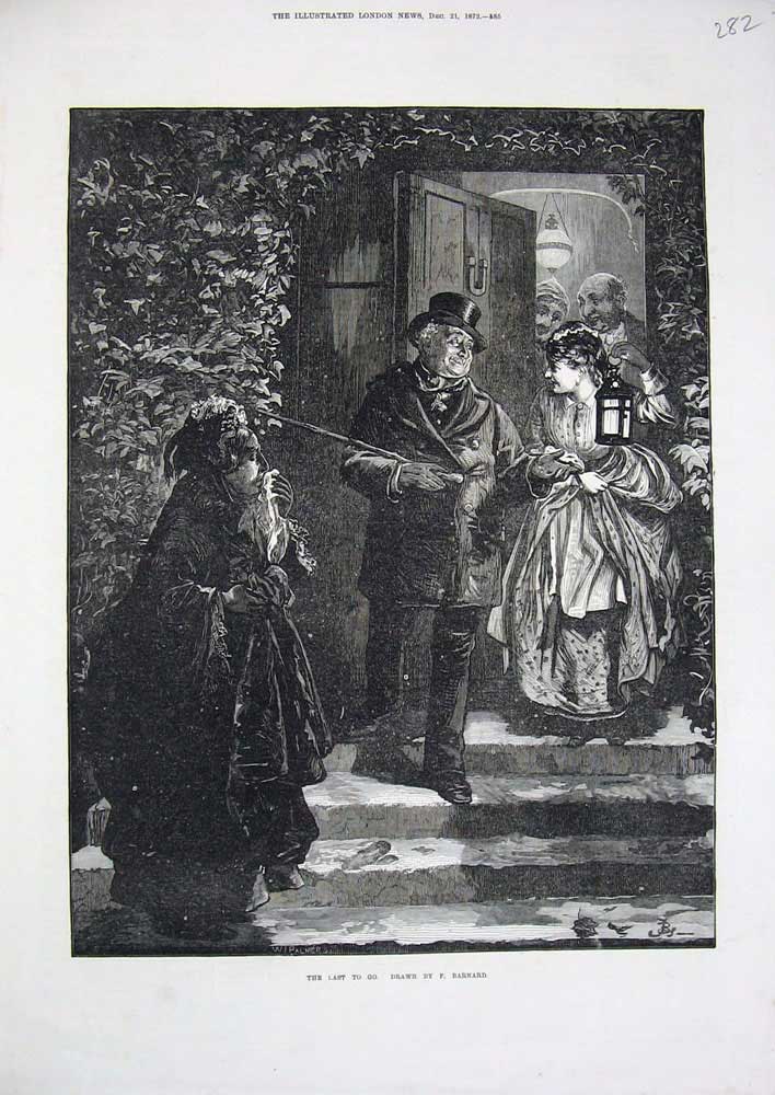 Old Antique Print House Party Guests Doorstep People Lamp Fine Art 1872 19th