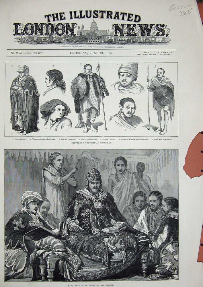 Original Old Antique Print 1884 Abyssinian Costumes Warrior King John Throne