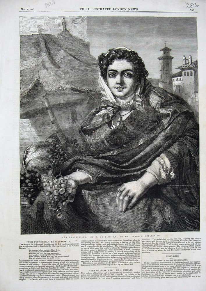 Original Old Antique Print 1861 Fine Art Grapeseller Woman Ladt Fruit Flatou