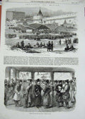 Original Old Antique Print 1856 Moscow Market Sevants Kitai Gorod Shed People