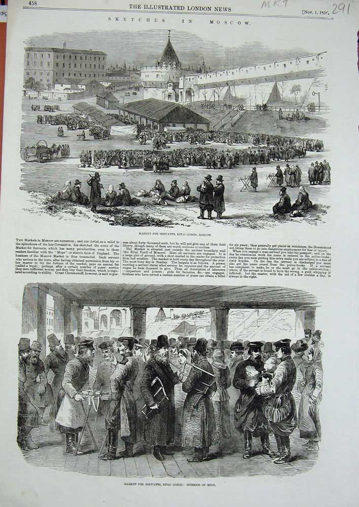Original Old Antique Print 1856 Moscow Market Sevants Kitai Gorod Shed People