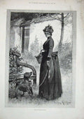 Original Old Antique Print 1890 Young Woman Puppy Dog Country Bench Wall Gate