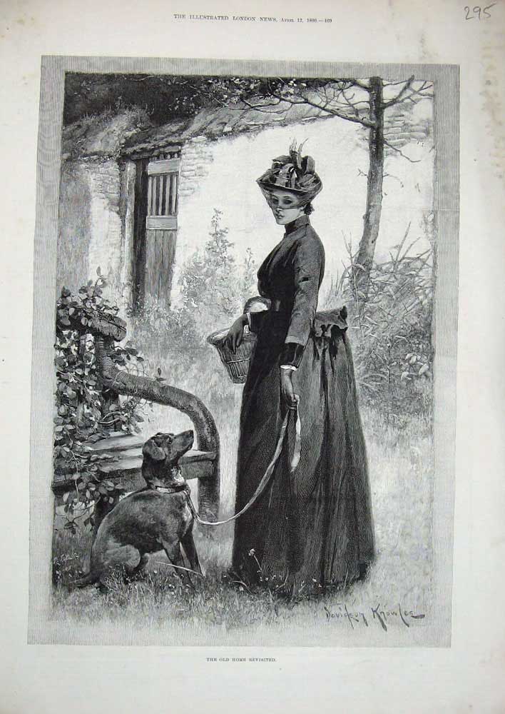 Original Old Antique Print 1890 Young Woman Puppy Dog Country Bench Wall Gate