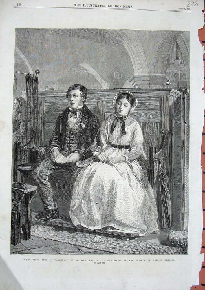 Original Old Antique Print Church Pews Man Woman 1869 Hemsley British Artist