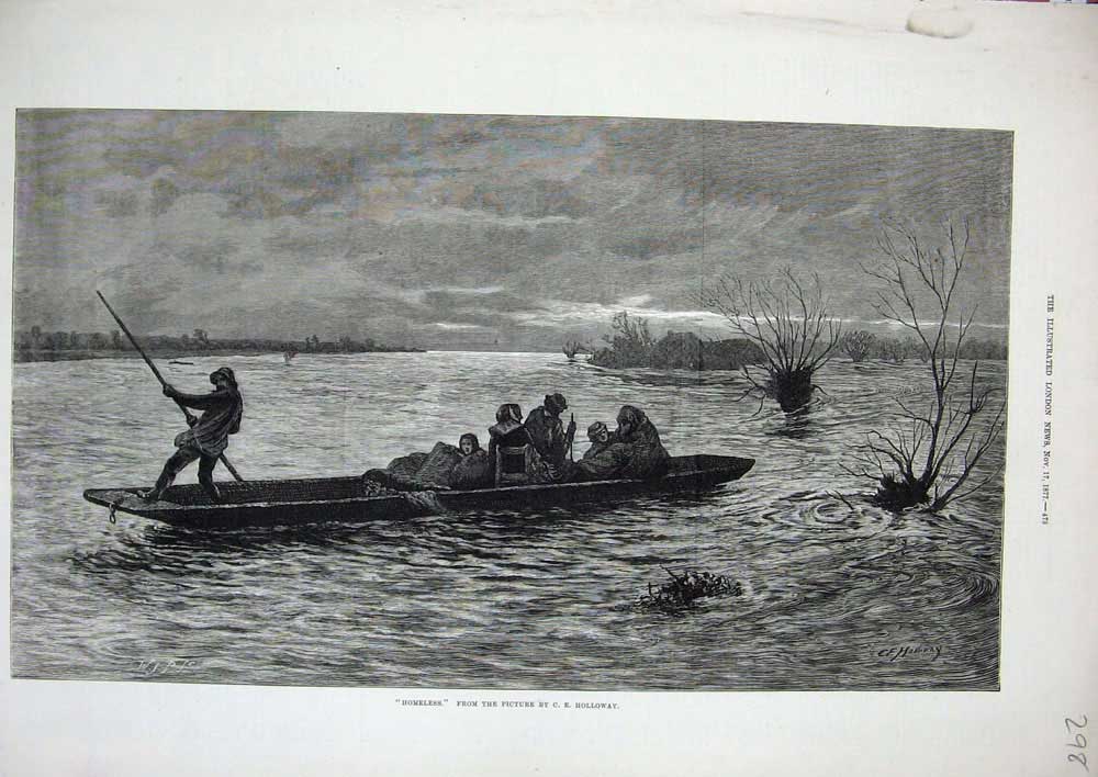 Original Old Antique Print 1877 Homeless People Boat Children Holloway Fine Art