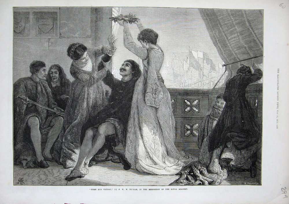 Original Old Antique Print 1871 Home Victory Royal Acadmey Fine Art Men Women