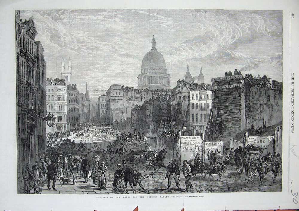 Old Antique Print 1866 Progress Works Holborn Valley Viaduct Street Town 19th