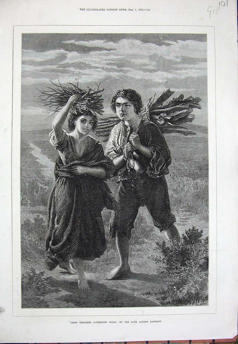 Original Old Antique Print 1873 Alfred Rankley Art Gipsy Children Country Wood
