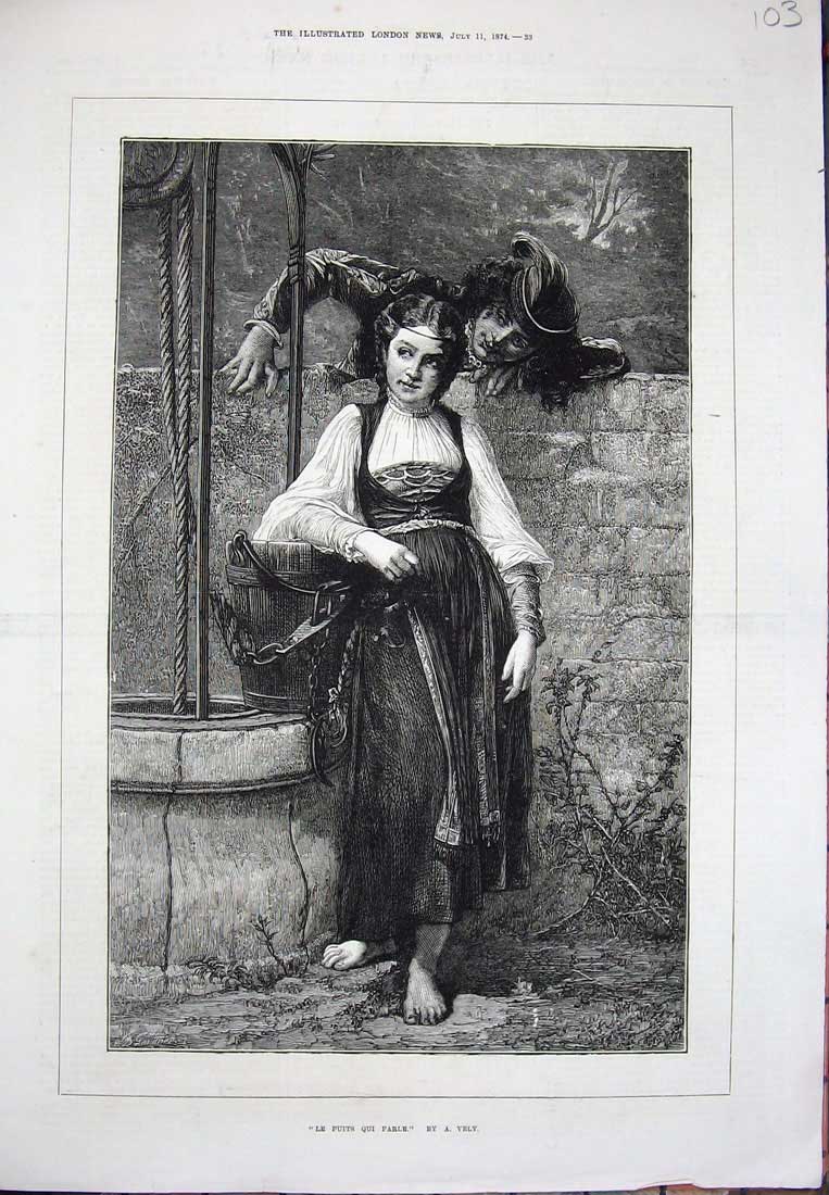 Original Old Antique Print Puits Qui Parle 1874 Man Woman Romance Wall Vely Art