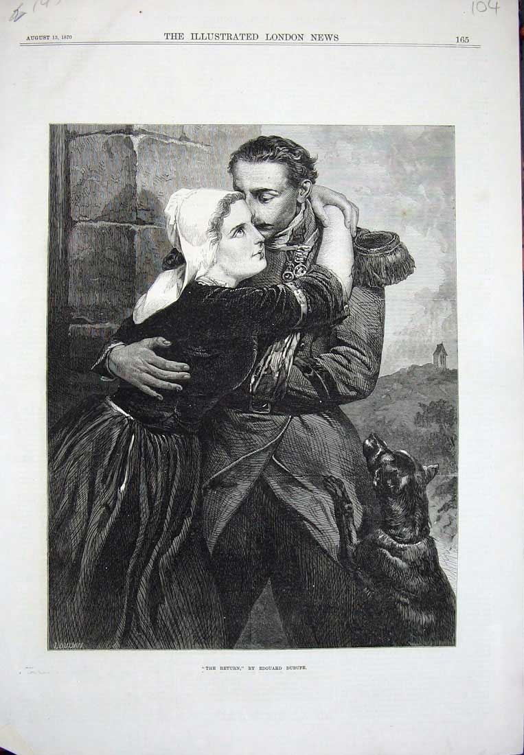 Original Old Antique Print 1870 War Reunited Man Woman Sier Edouard Dubufe Art