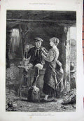 Original Old Antique Print Roberts Art 1874 Man Woman Farm Barn Country Romance