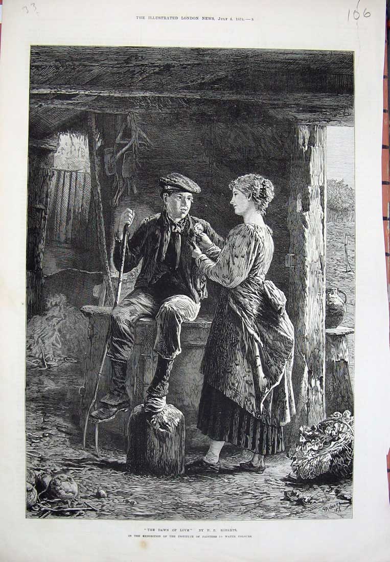 Original Old Antique Print Roberts Art 1874 Man Woman Farm Barn Country Romance