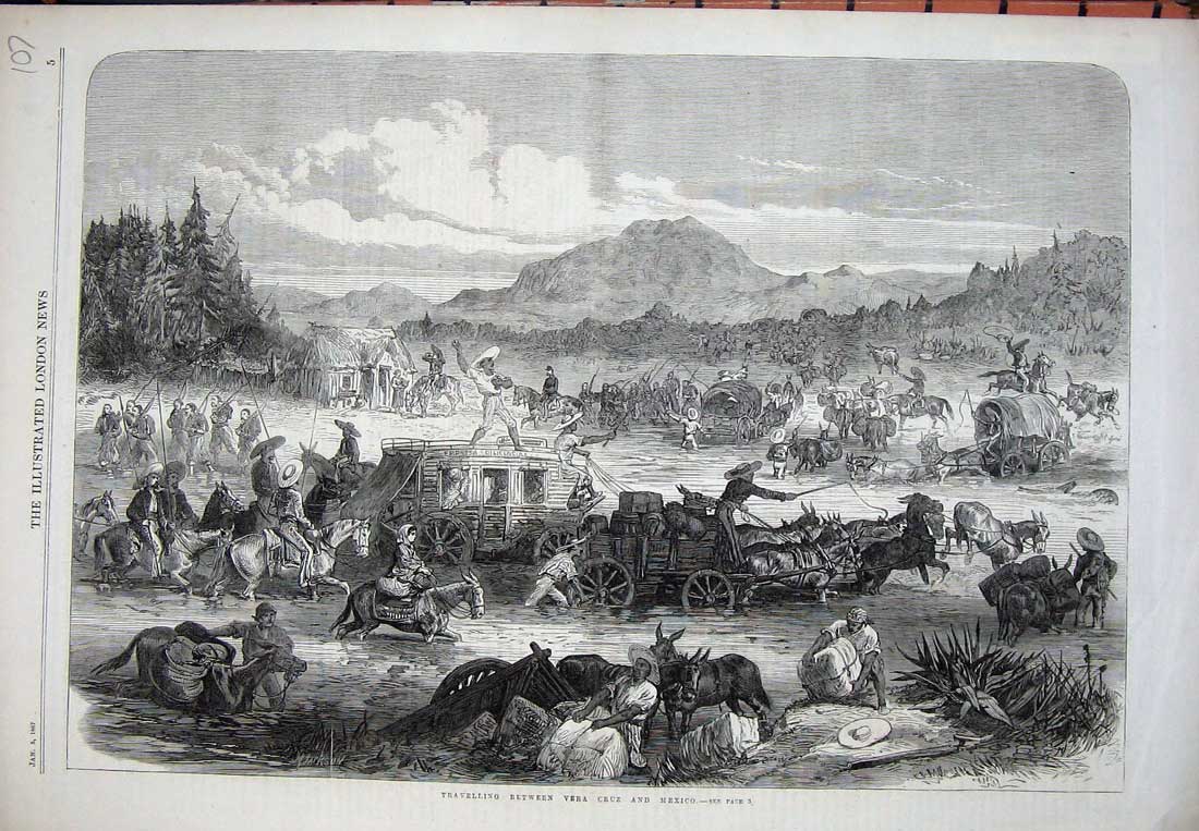 Old Antique Print 1867 Transport Vera Cruz Mexico Horses Carriage Coach 19th
