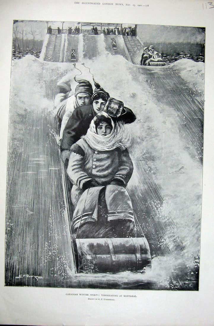 Old Antique Print Canadian Winter Sports 1901 Tobogganing Montreal Canada 20th