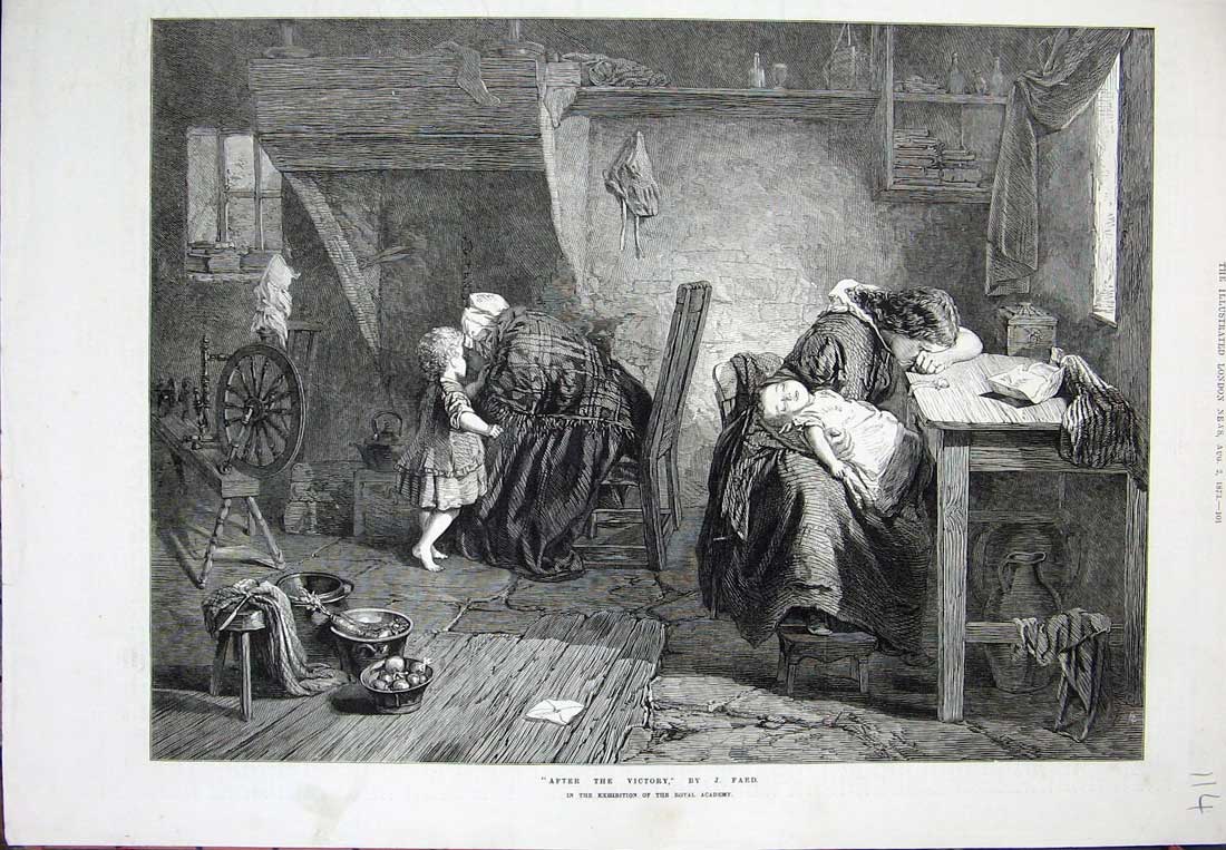 Original Old Antique Print 1873 House Scene Lady Mother Children Sleeping Art