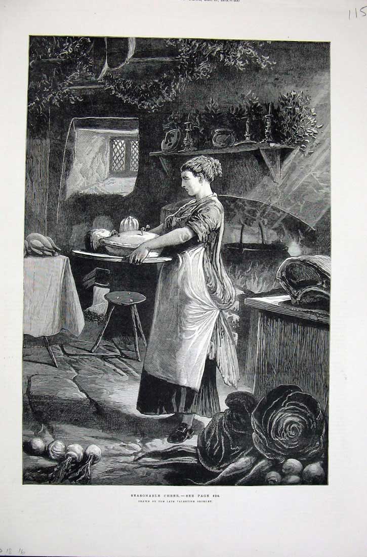 Old Antique Print Seasonable Cheer 1879 Christmas Pudding Kitchen Bromley 19th