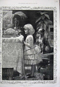 Old Antique Print 1885 Christmas Dinner Little Girl Dog Chair Davis Art 19th