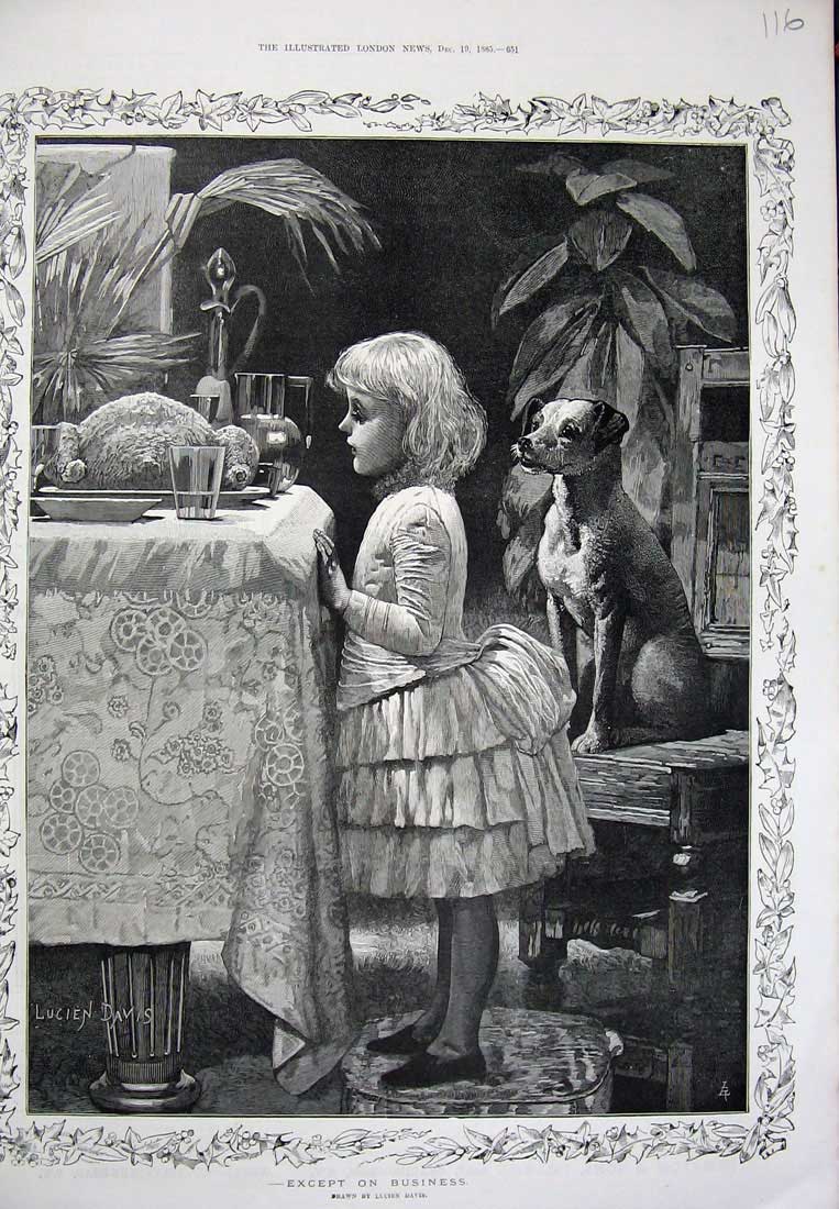 Old Antique Print 1885 Christmas Dinner Little Girl Dog Chair Davis Art 19th