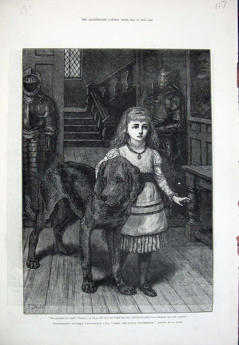 Original Old Antique Print Fitzgerald Art Dadd 1878 Little Girl Puppy Dog Cissy