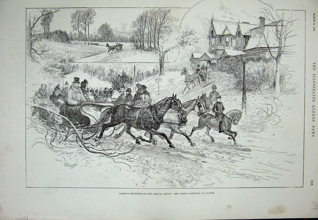 Old Antique Print 1890 America New York Winter Horses Sledge Trees House 19th