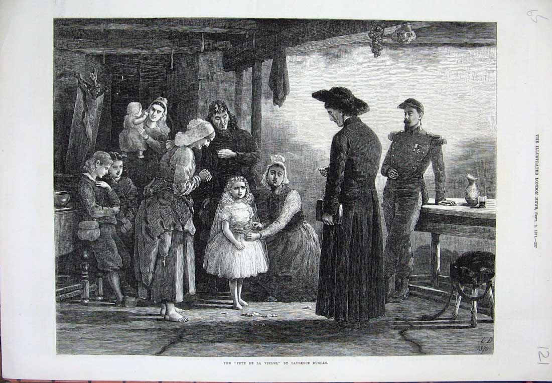 Old Antique Print 1871 Duncan Fine Art Family Home Children Fete Vierge 19th