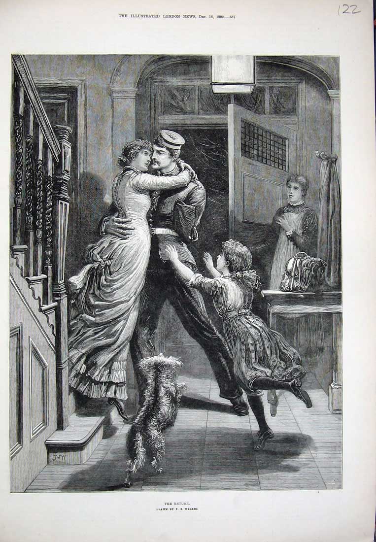 Original Old Antique Print 1882 War Sier Return Home Family Little Girl Dog Art