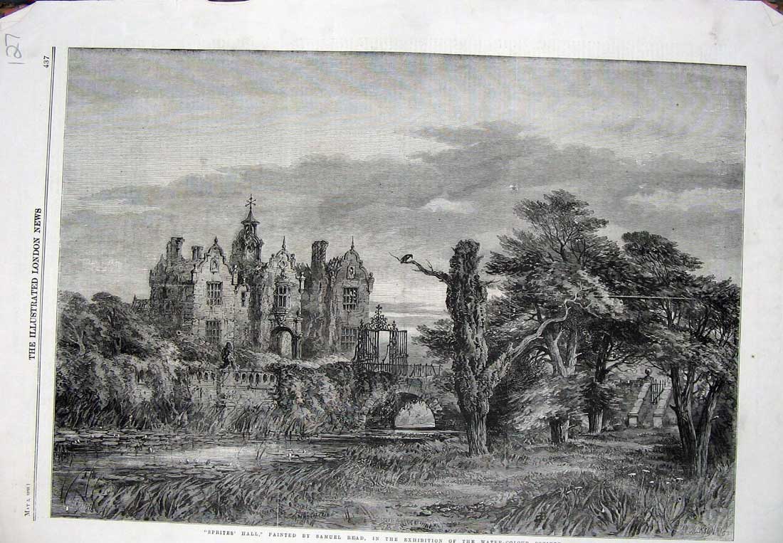 Original Old Antique Print 1860 Sprites Hall Architecture Samuel Read Fine Art