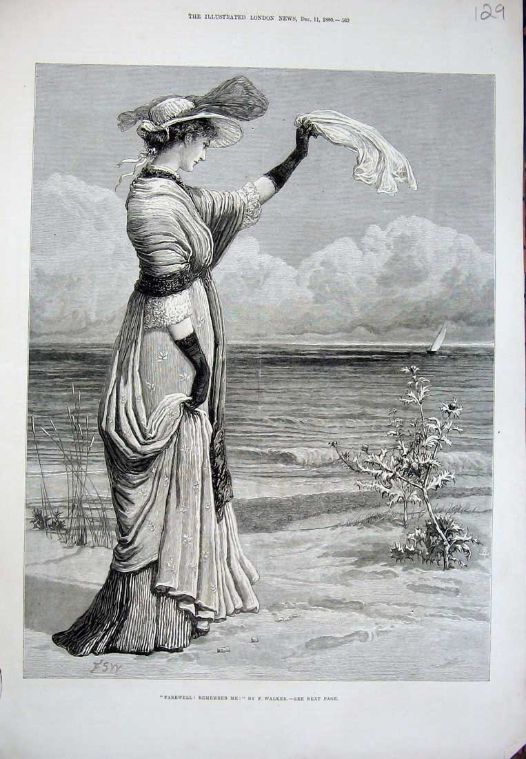 Original Old Antique Print 1880 Walker Art Lady Waving Scarf Yacht Beach Sea