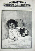 Original Old Antique Print 1883 Christmas Little Boy Bed Cat Kitten Thomson